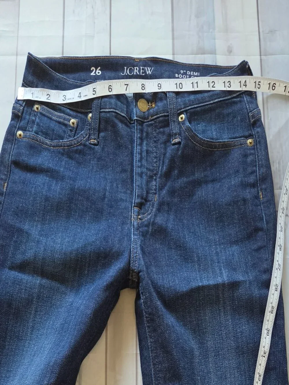 J. Crew 9” Demi-Boot Crop Jeans Women’s 26, Dark wash with frayed raw hem.